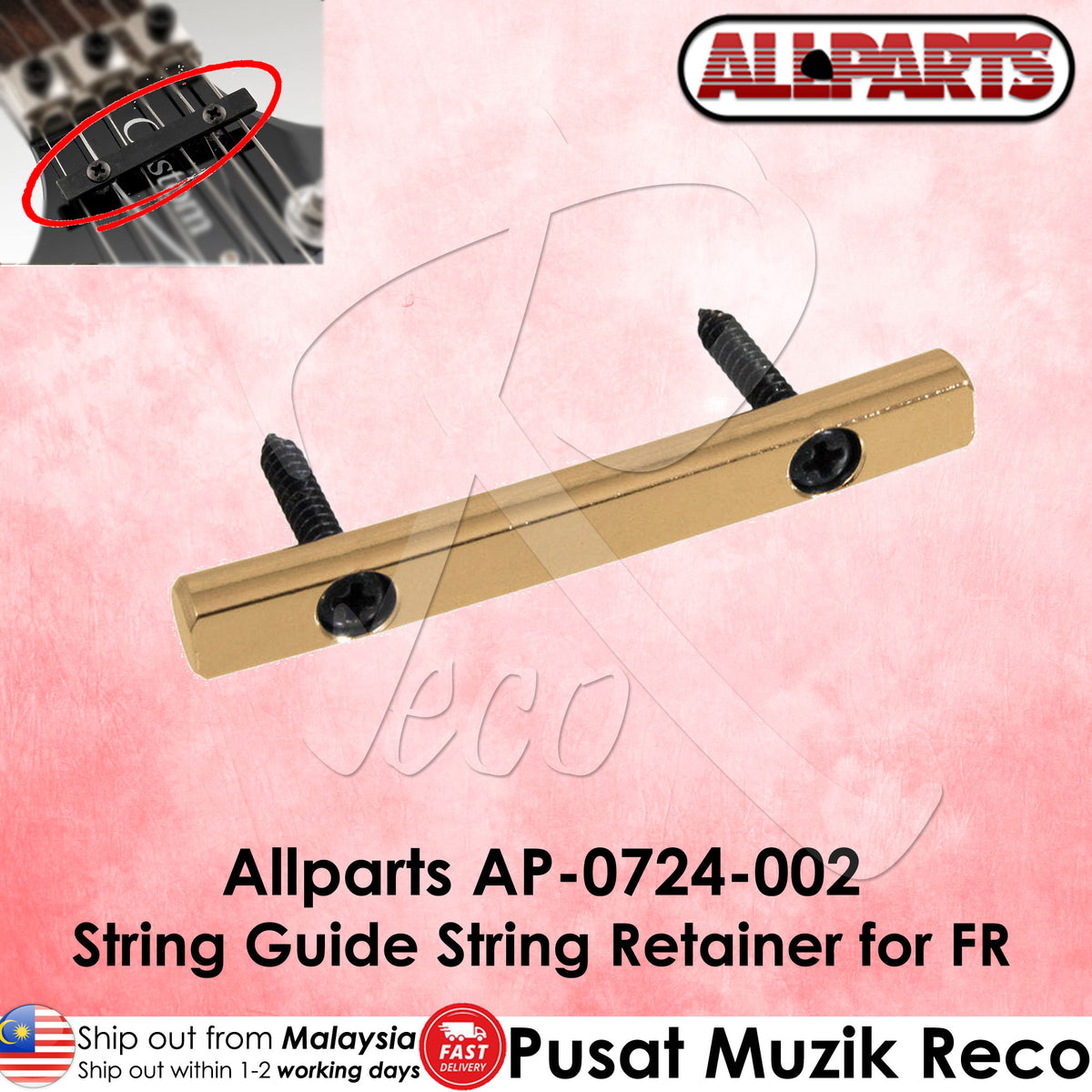 Guitar string guide retainer with 'Allparts' branding on a pink background