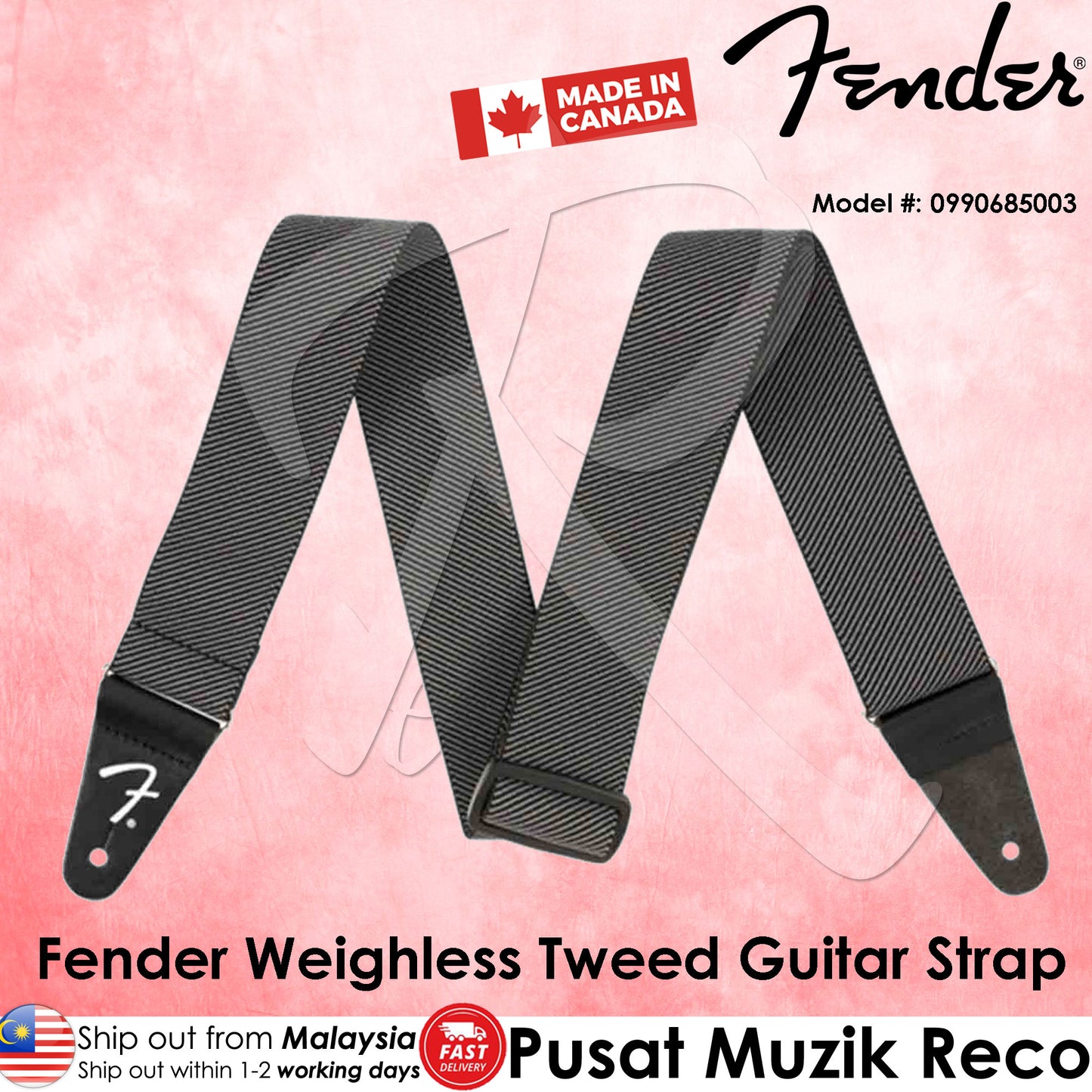 Fender WeighLess Comfort Elastic Guitar Strap Tweed