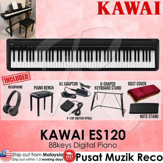 Kawai ES-120 88 keys Digital Piano with Stand, Bench, Headphone and Acc - Black - Reco Music Malaysia