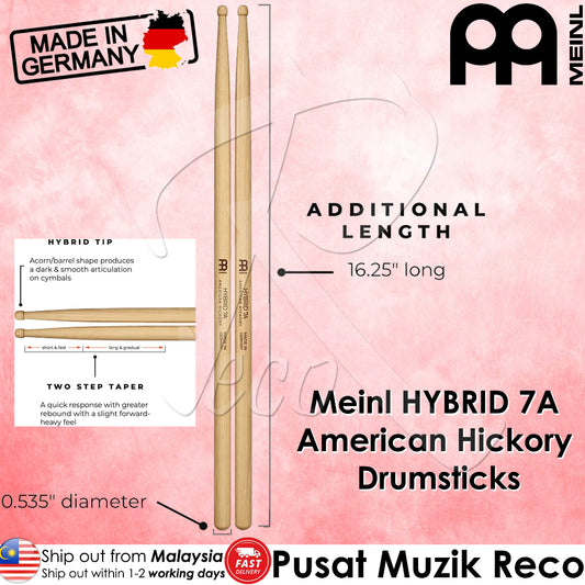 Meinl SB105 Hybrid 7A Drumstick American Hickory, Hybrid Tip - Reco Music Malaysia