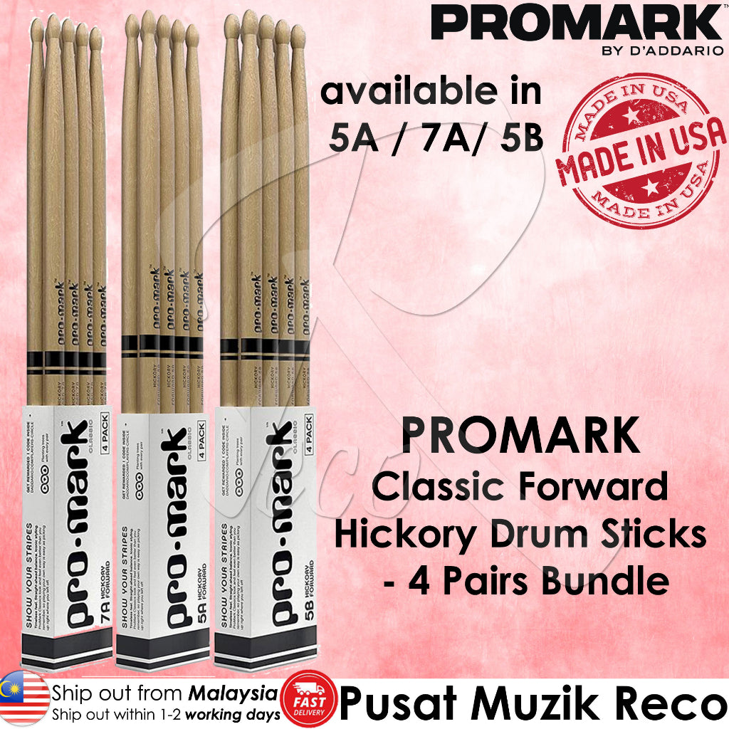 PROMARK TX5AW-4P TX5BW-4P TX7AW-4P Classic Forward 5A 5B 7A Hickory Drumstick 4 PAIRS BUNDLE BONUS PACK - Reco Music Malaysia