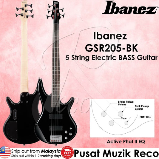 *Ibanez GSR205 BKN 5 String Electric Bass Guitar, Black Night - Reco Music Malaysia