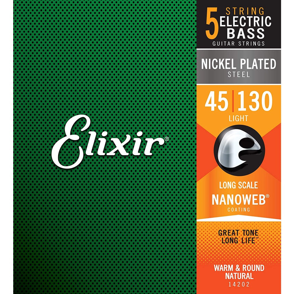 Elixir String 14202 NANOWEB Coated Nickel Plated Steel 5-String Bass Guitar Strings, Light Gauge, 45-130 - Reco Music Malaysia