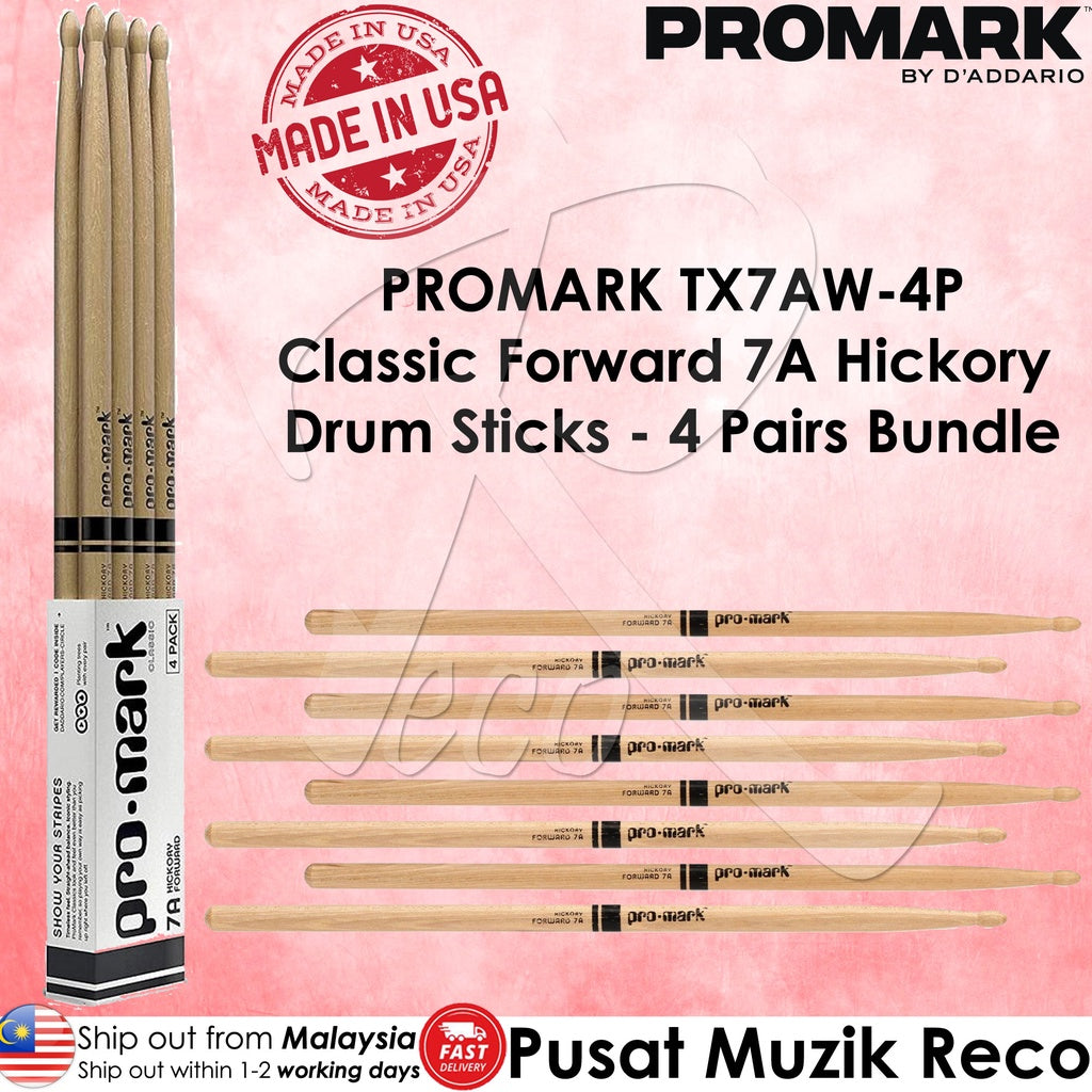 PROMARK TX5AW-4P TX5BW-4P TX7AW-4P Classic Forward 5A 5B 7A Hickory Drumstick 4 PAIRS BUNDLE BONUS PACK - Reco Music Malaysia