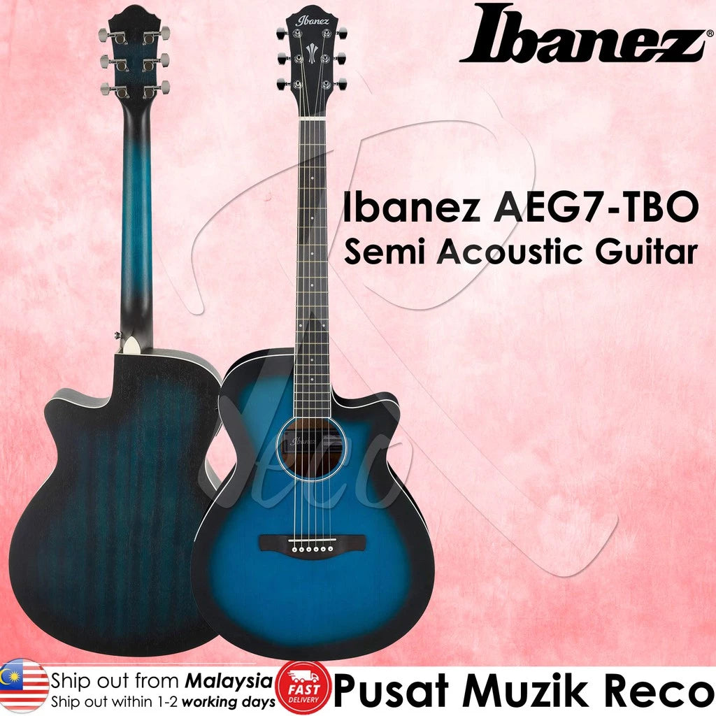 Ibanez AEG7 TBO Transparent Blue Sunburst Open Pore Slim Body Semi Acoustic Guitar Acoustic-Electric Guitar - Reco Music Malaysia