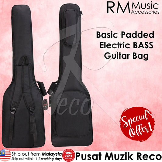 RM 7MM Basic Padded Electric BASS Guitar Bag Double Shoulder Strap Large Front Pocket - Reco Music Malaysia