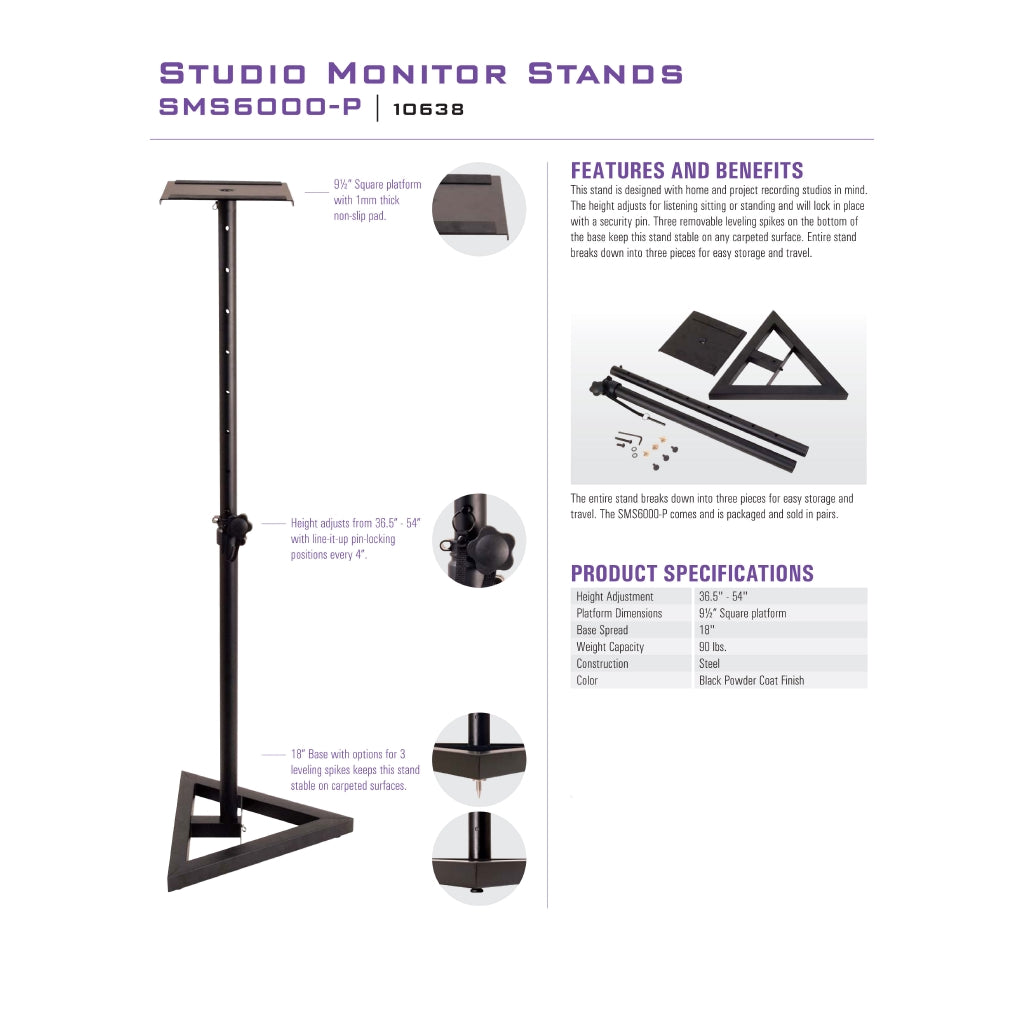On-Stage Stands SMS6000-P Studio Monitor Stands - Reco Music Malaysia