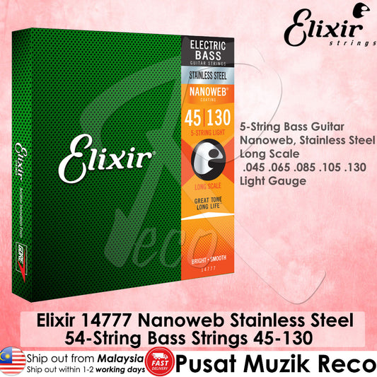 Elixir 14777 Nanoweb Stainless Steel 5 String Electric Bass Strings (045-130) - Reco Music Malaysia