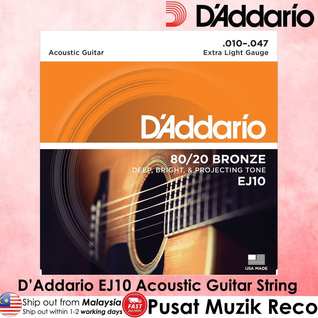 *D'Addario EJ10 80/20 Bronze Acoustic Guitar Strings, Extra Light, 10-47 - Reco Music Malaysia