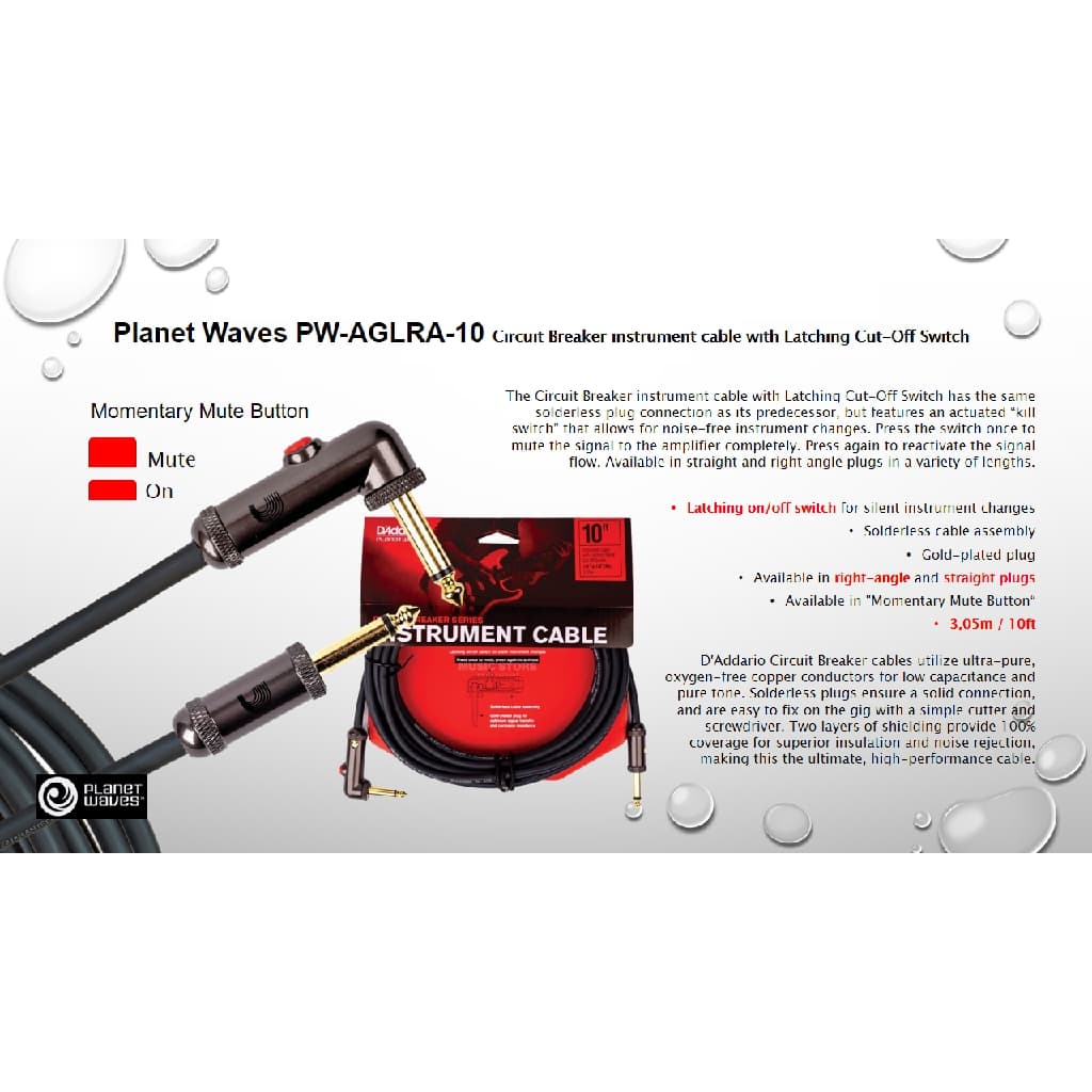 *D'Addario Planet Waves PW-AGRA-10 Circuit Breaker Momentary Mute Guitar Cable 10ft RA - Reco Music Malaysia