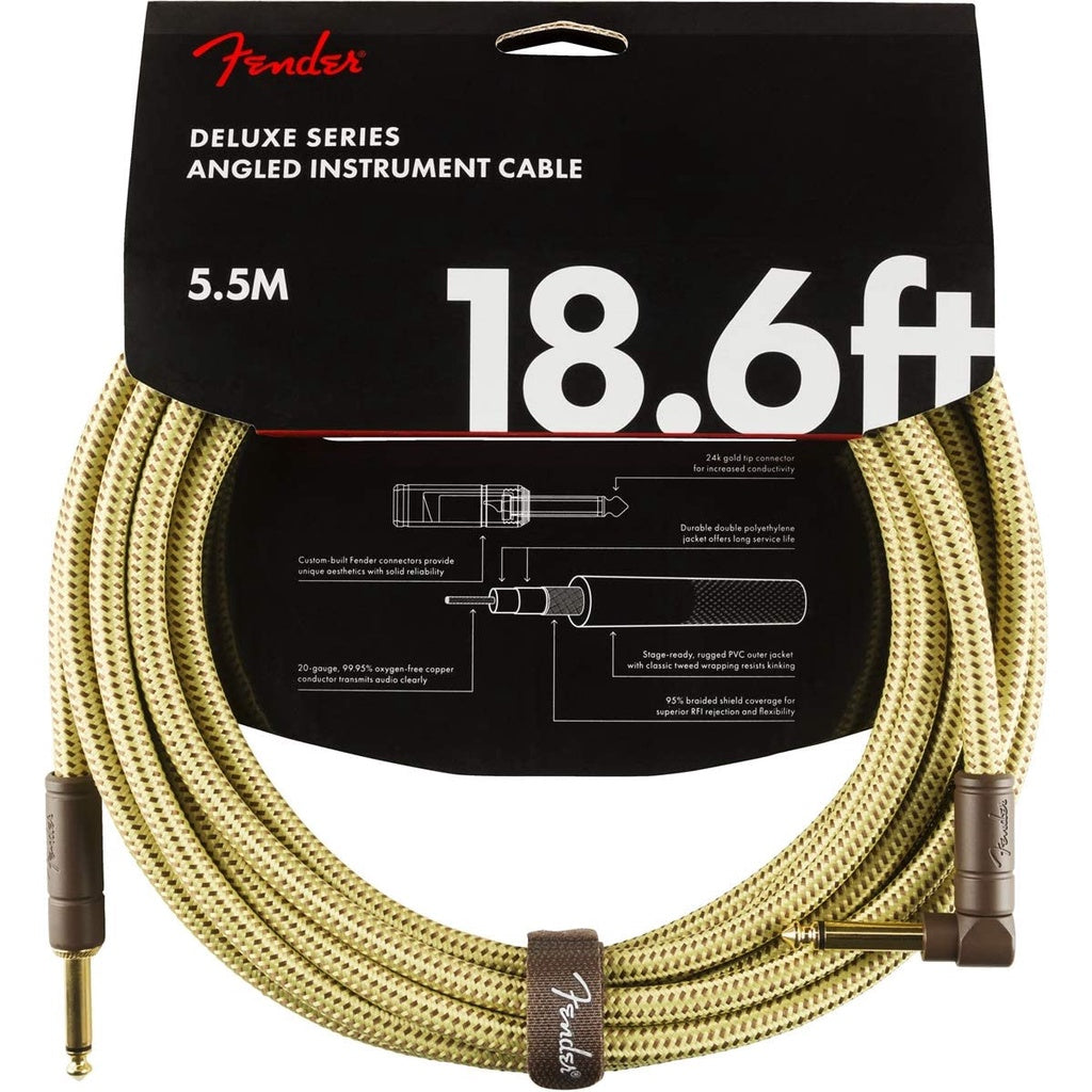 Fender 0990820082 Deluxe Series Angled Instrument Cable, 18.6ft, Tweed - Reco Music Malaysia