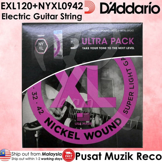 *D’Addario EXL120+NYXL0942 Ultra Pack 09-42 NYXL and EXL Bundle, Super Light Gauge - Reco Music Malaysia