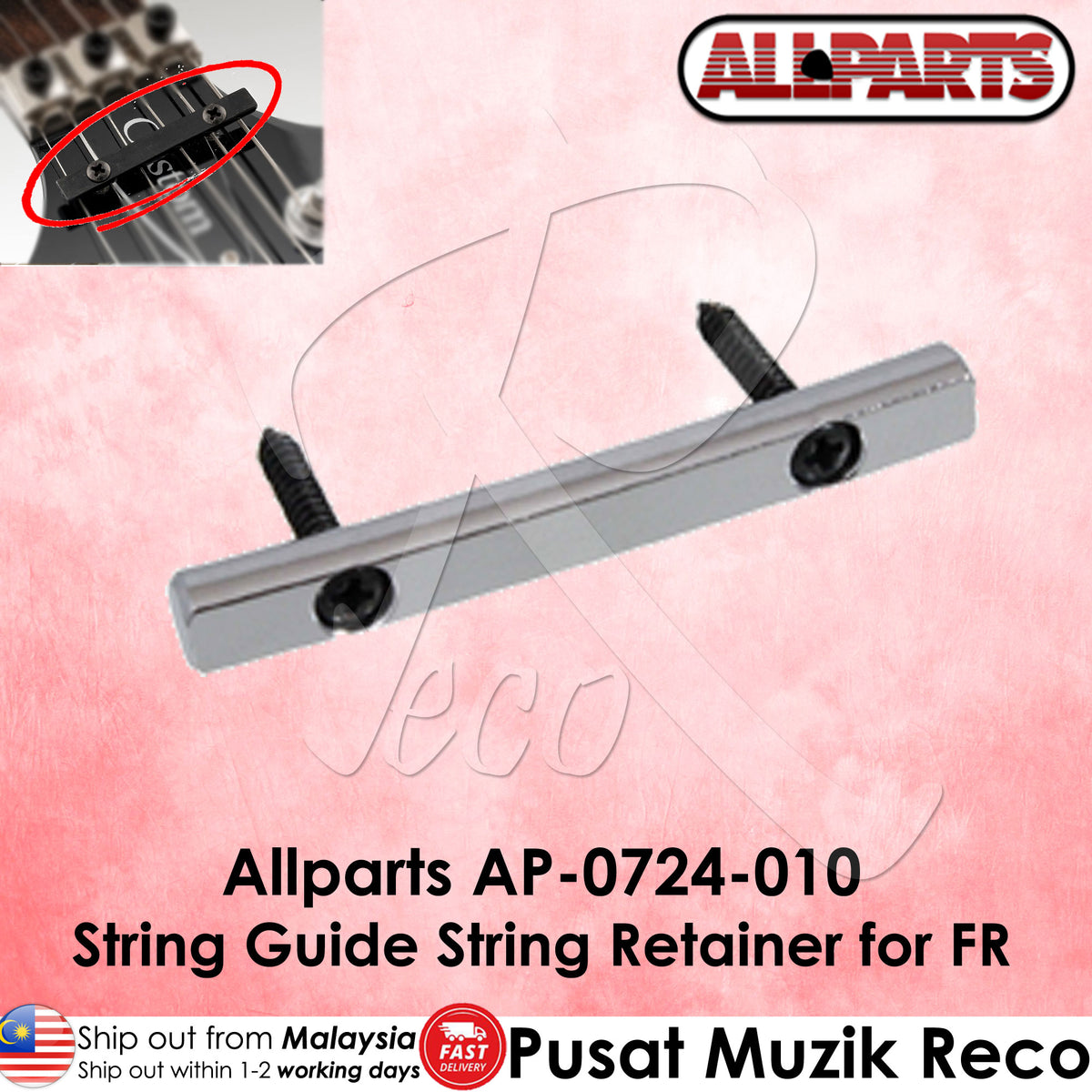 Allparts AP-0724-010 String Guide String Retainer for FR on a pink background with Allparts logo.