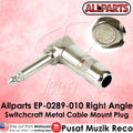 Right angle switchcraft metal cable mount plug with 'Allparts' branding on a pink background.