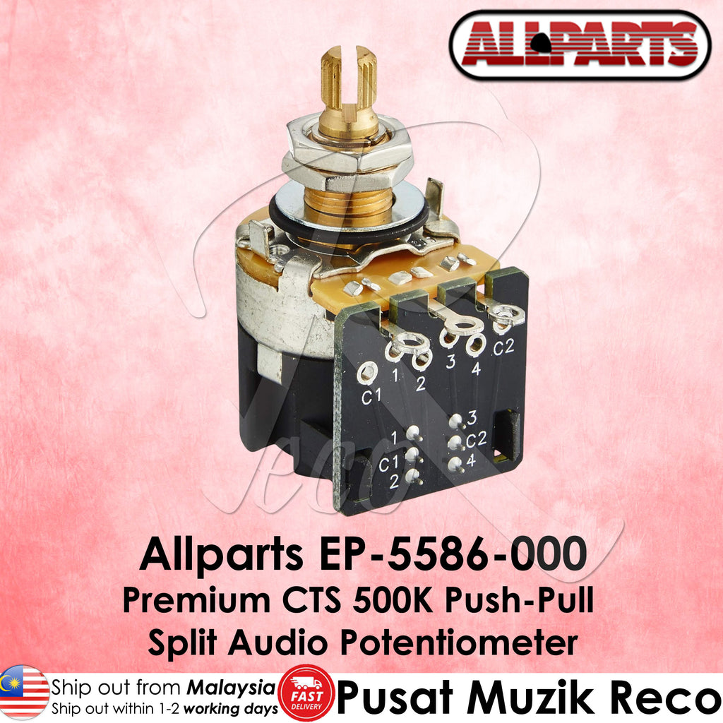 Allparts EP-5586-000 audio potentiometer on a pink background with Allparts logo.