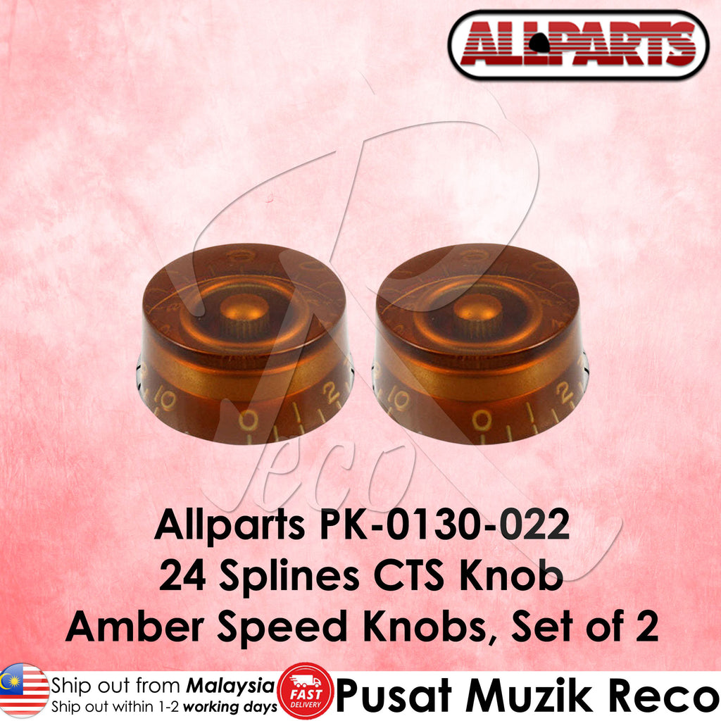 Amber speed knobs with Allparts branding on a pink background