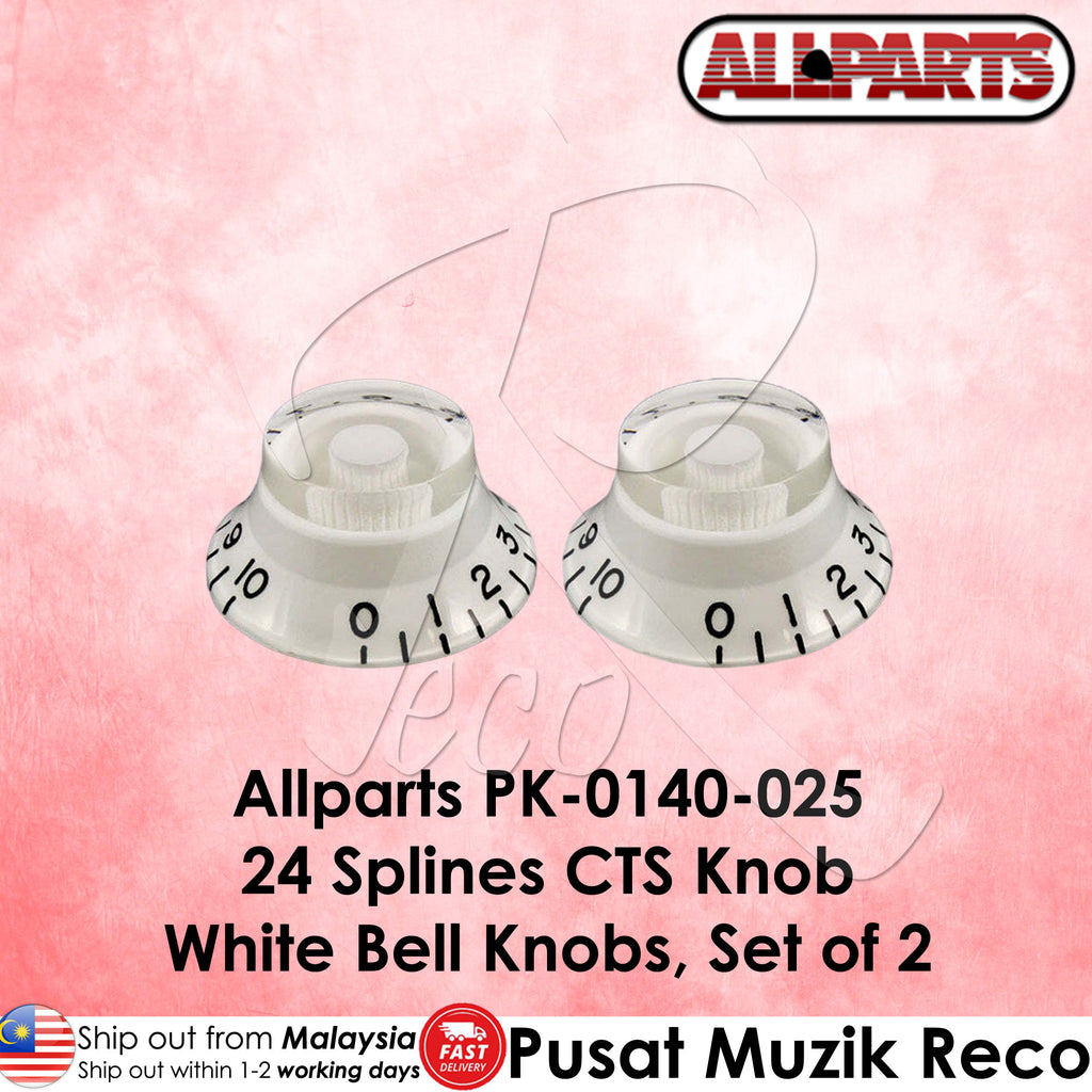 White bell knobs with black numbering on a pink background, featuring the Allparts logo.