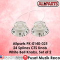 White bell knobs with black numbering on a pink background, featuring the Allparts logo.