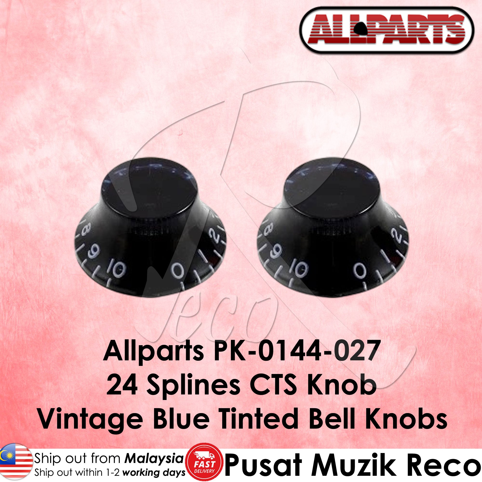 Allparts PK-0144-027 24 Spline CTS Knob Electric Guitar Blue Tint Bell Knob Control Knob Volume Tone Knob