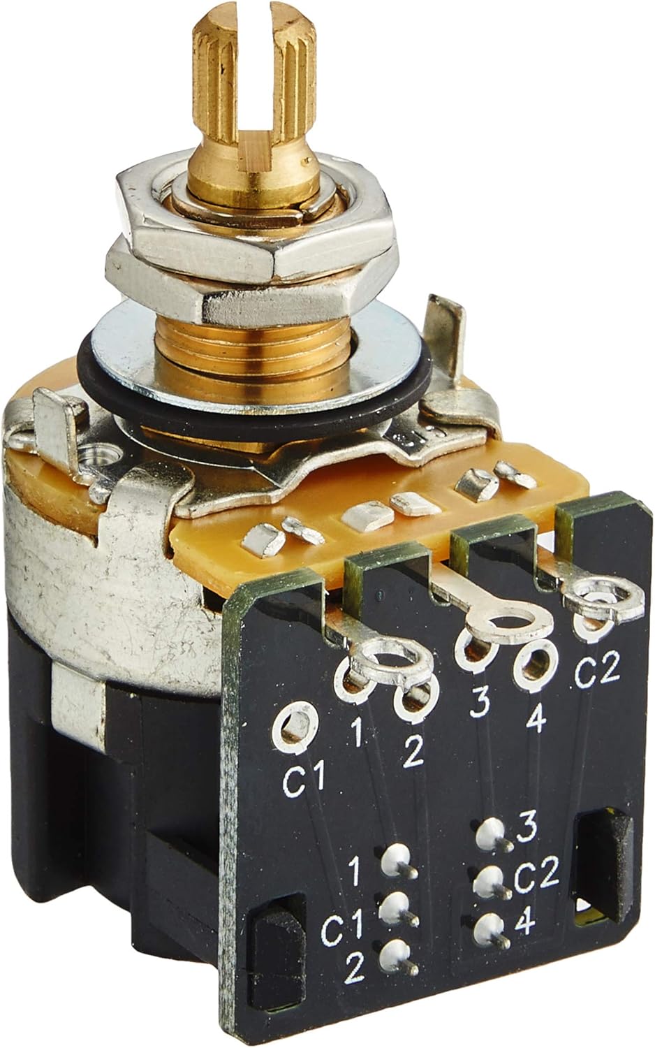 Mechanical potentiometer with gold and silver components on a white background