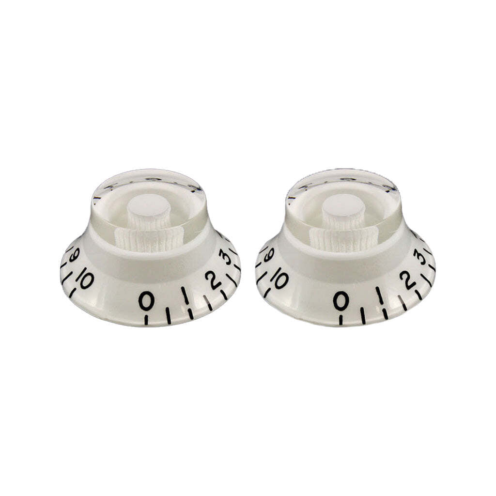 Two white control knobs with black numbering on a white background
