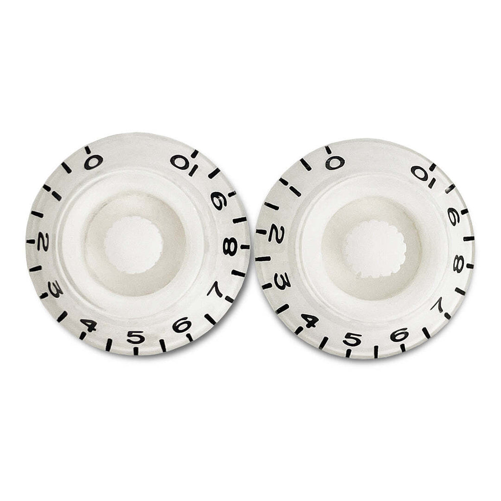 Two white wheels with black numerical markings on a white background