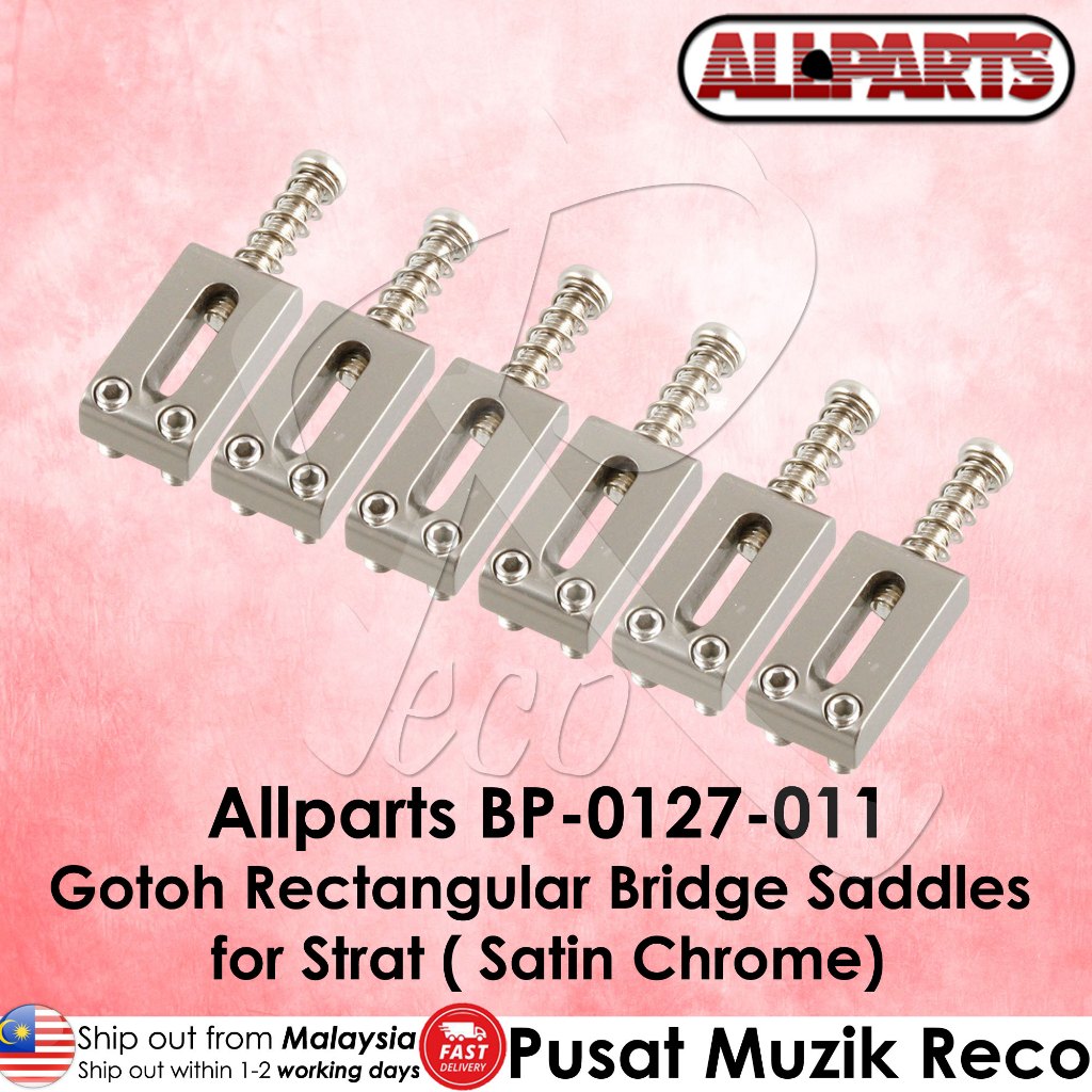 Gotoh Rectangular Bridge Saddles for Strat on a pink background with Allparts branding.