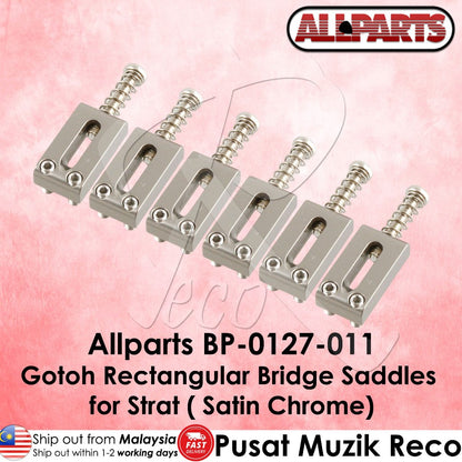 Gotoh Rectangular Bridge Saddles for Strat on a pink background with Allparts branding.