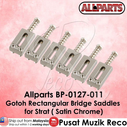 Gotoh Rectangular Bridge Saddles for Strat on a pink background with Allparts branding.