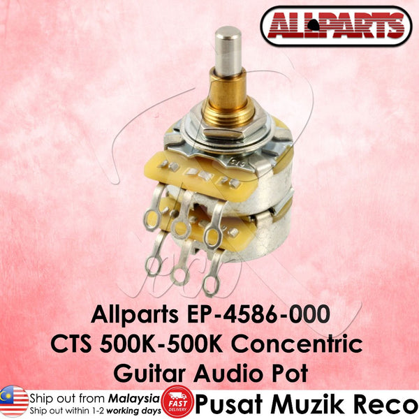 A CTS 250K-500K concentric guitar audio pot by Allparts, featuring a silver metal body, gold-toned inner components, and three silver leads, set against a pink textured background with product text overlays.