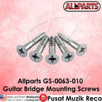 Five silver metal guitar bridge mounting screws arranged in a fan shape on a pink textured background, with the Allparts logo at the top right and product text at the bottom.