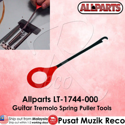 Allparts LT-1744-000 Guitar Tremolo Spring Puller Tools, featuring a red and black plastic tool on a pink background with an inset photo of a hand using the tool.