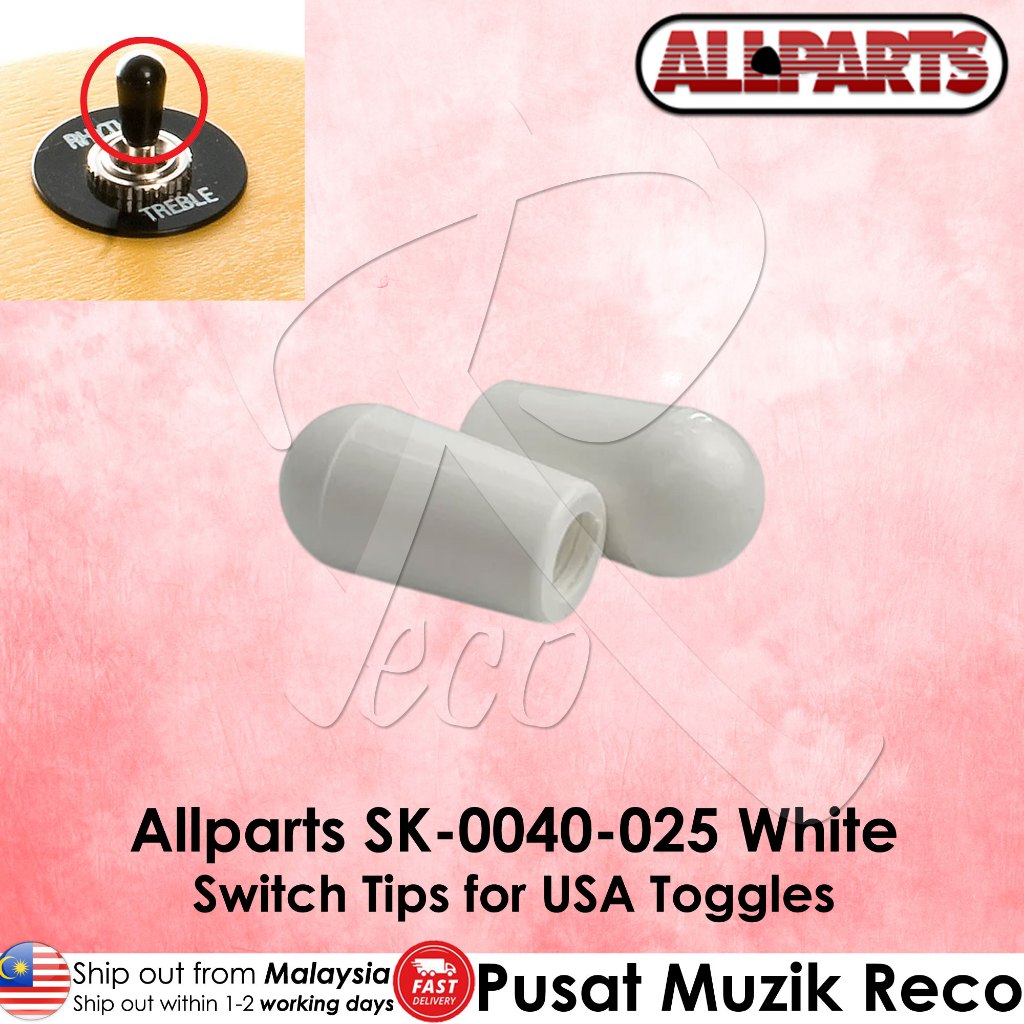 Two white plastic switch tips for USA toggles by Allparts, shown on a pink background with product text and a small inset showing the toggle application.