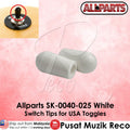 Two white plastic switch tips for USA toggles by Allparts, shown on a pink background with product text and a small inset showing the toggle application.