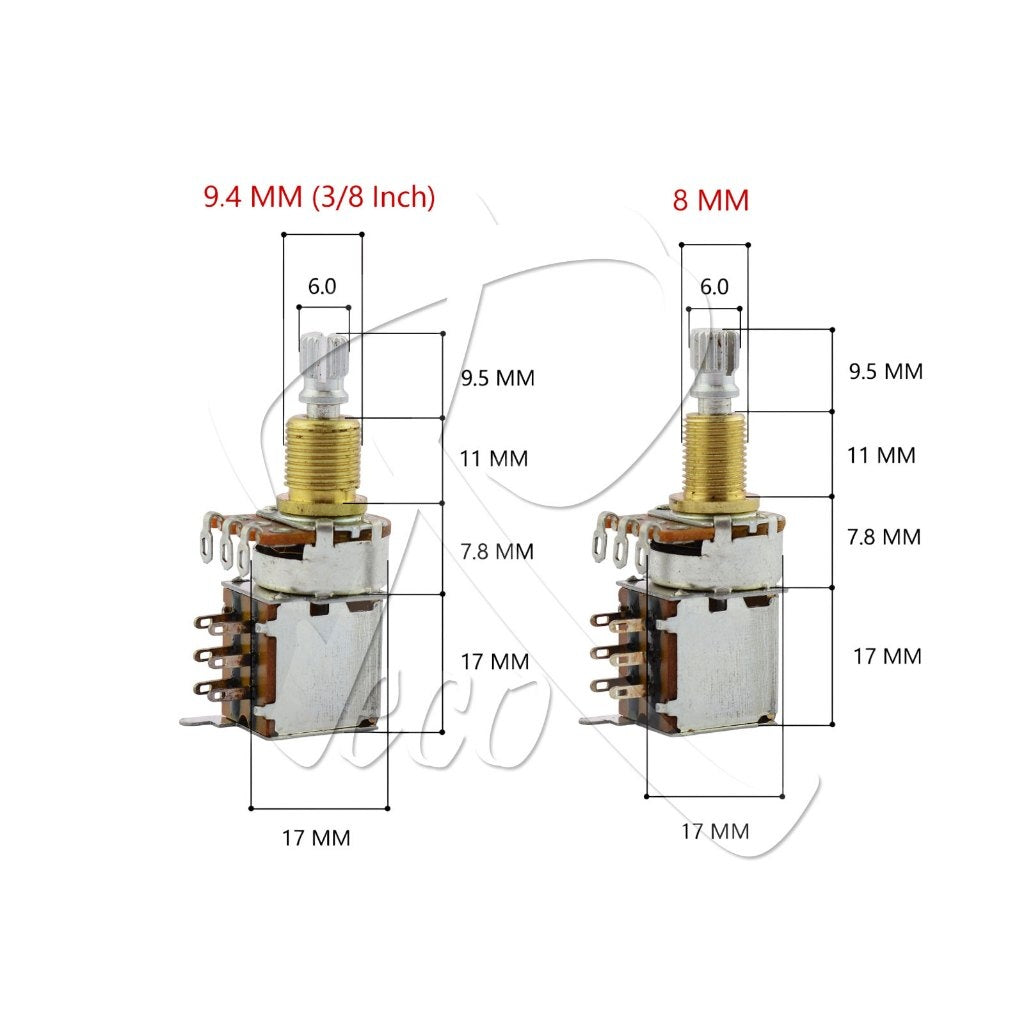 Two small rotary potentiometers shown side by side with dimension labels: one marked 9.4 MM (3/8 Inch) and one marked 8 MM.