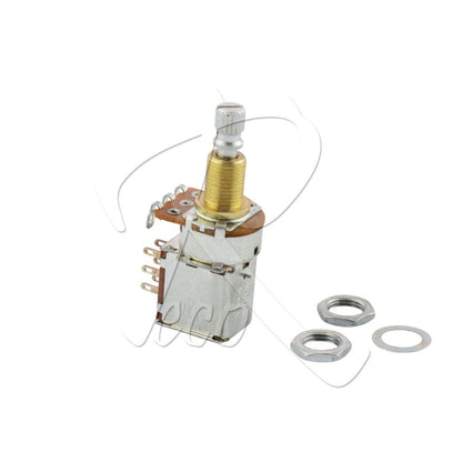 A small metal potentiometer with a brass-colored shaft and silver terminal leads, shown on a white background with two silver washers beside it.