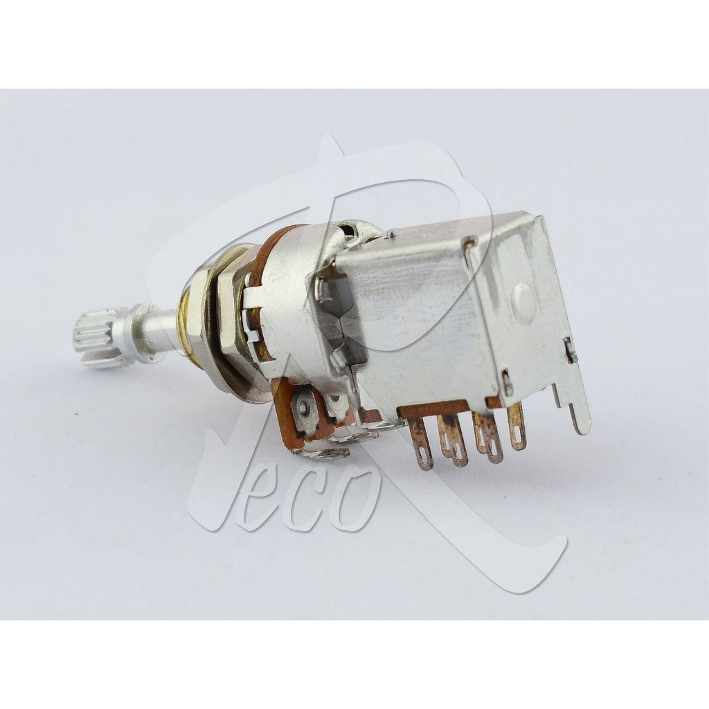 A silver metal potentiometer switch with a white plastic knob and copper-colored internal contacts, shown on a light gray background with a faint watermark.