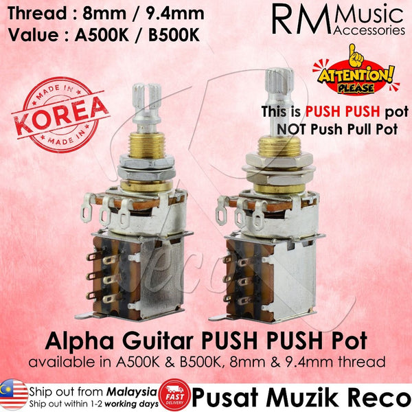 Two metal guitar potentiometers shown side by side on a pink textured background with promotional text overlays. The text reads 'Thread : 8mm / 9.