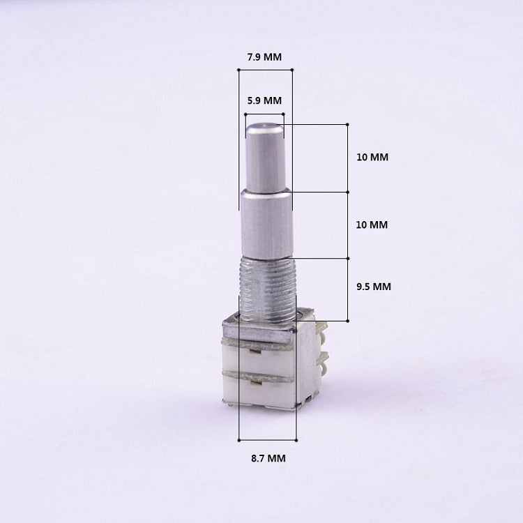 A small metal potentiometer or rotary switch component shown on a plain light background with overlaid dimension labels and measurement lines indicating 7.9 mm, 5.