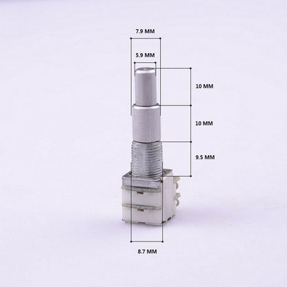 A small metal potentiometer or rotary switch component shown on a plain light background with overlaid dimension labels and measurement lines indicating 7.9 mm, 5.