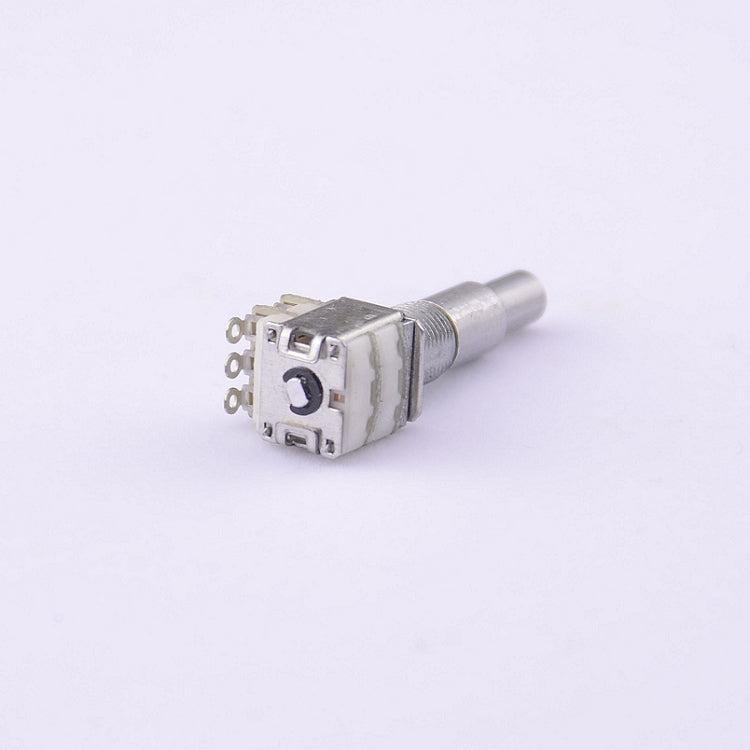 A small silver metal electronic component with a threaded shaft and multiple pins, photographed on a plain white background.