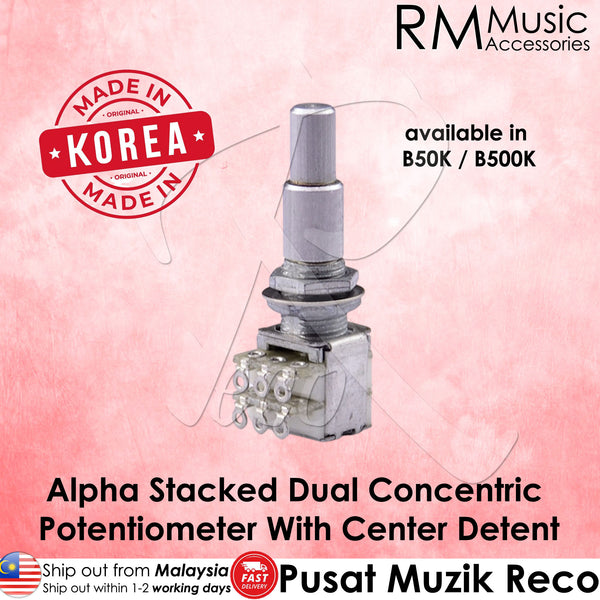 An alpha stacked dual concentric potentiometer with a center detent, shown against a pink textured background with promotional text and the RMMusic Accessories logo.