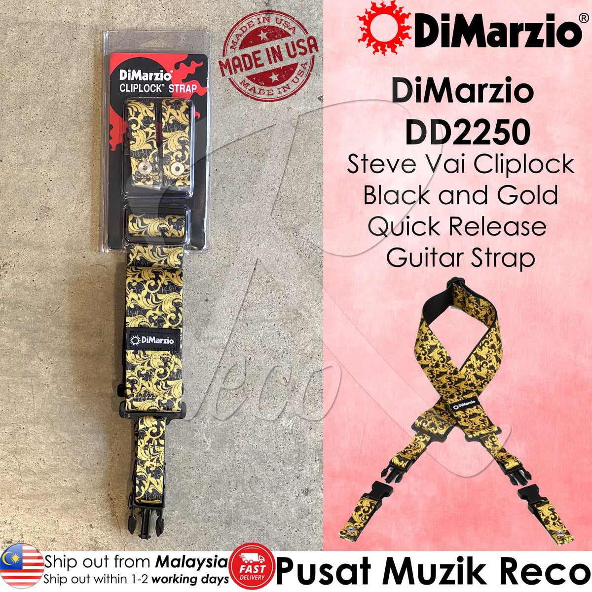 DiMarzio Steve Vai UtoPIA Black & Gold ClipLock Quick Release Guitar Strap, featuring a gold baroque swirling leaf pattern over a black background, with the DiMarzio and ClipLock branding.