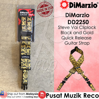 DiMarzio Steve Vai UtoPIA Black & Gold ClipLock Quick Release Guitar Strap, featuring a gold baroque swirling leaf pattern over a black background, with the DiMarzio and ClipLock branding.