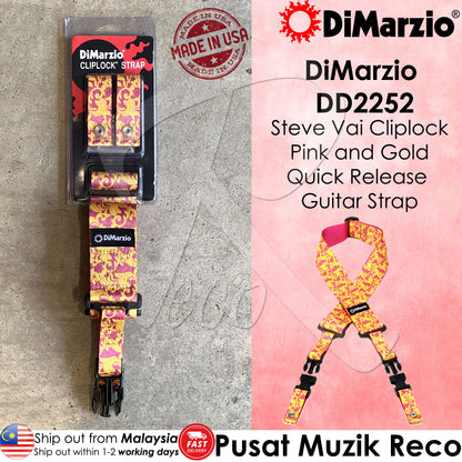 DiMarzio DD2252 Steve Vai ClipLock guitar strap in pink and gold with quick release system, displayed in packaging.