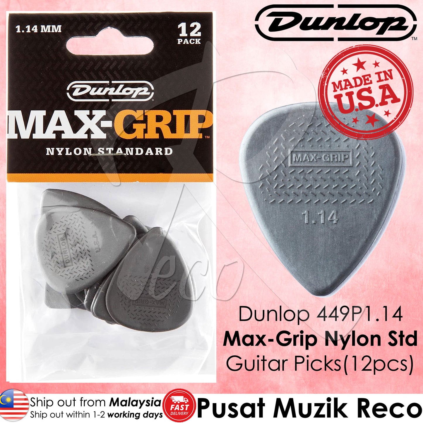 Jim Dunlop 449P1.14 Max-Grip Nylon Standard, Carbon, 1.14mm, 12/Player's Pack