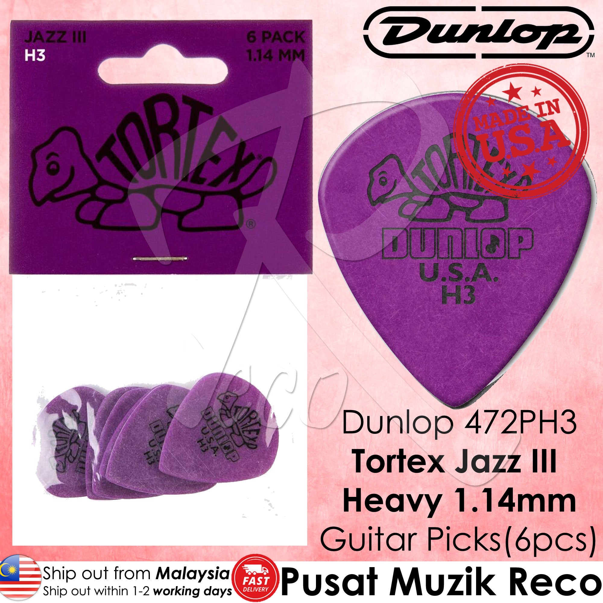 Packaging of Dunlop Tortex Jazz III guitar picks with six pieces per pack, 1.14mm thickness, in a purple color with the Dunlop logo and product information.