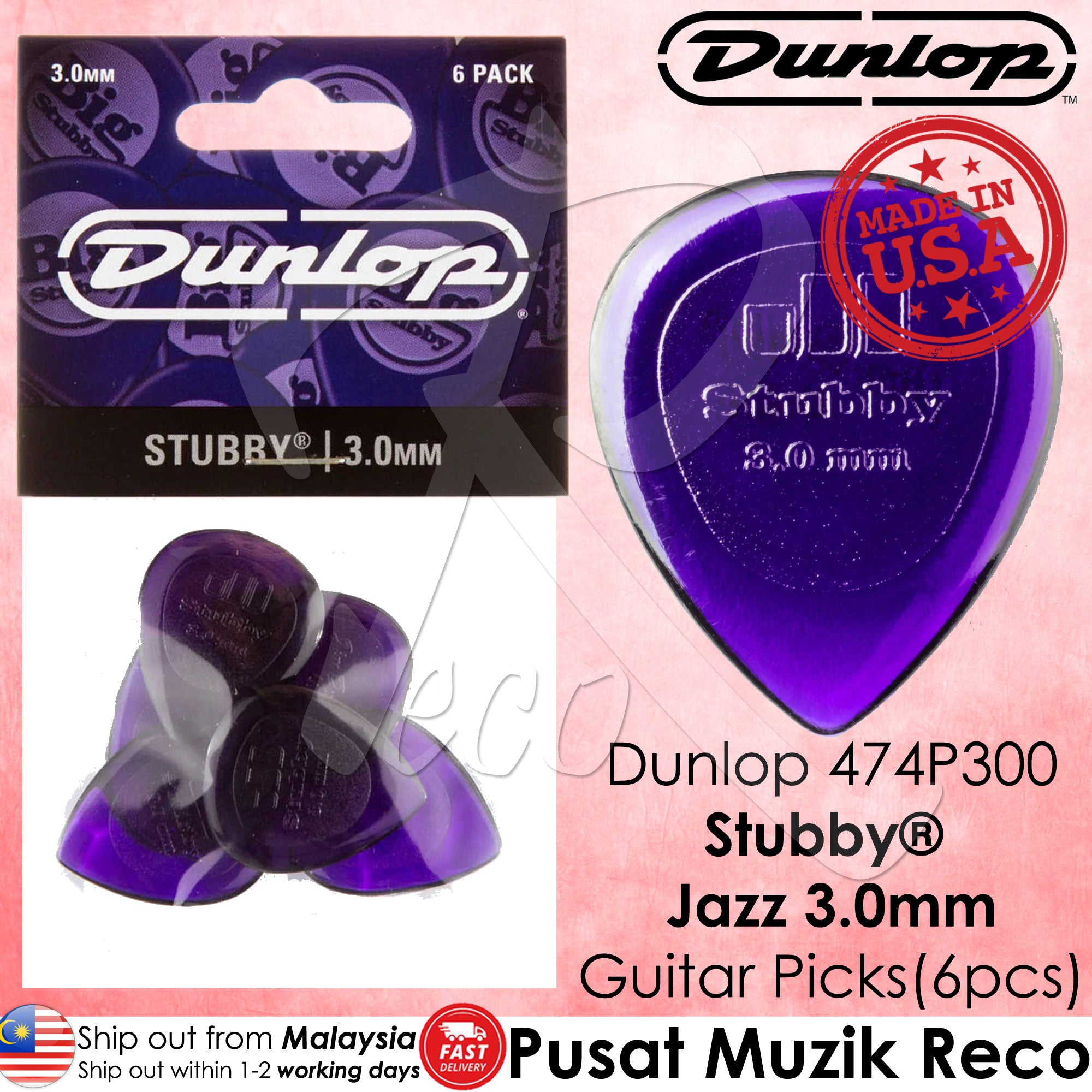 Packaging and six individual guitar picks from Jim Dunlop brand, labeled as 'Stubby Jazz 3.0mm', made of Lexan, with a power grip surface for easier handling.