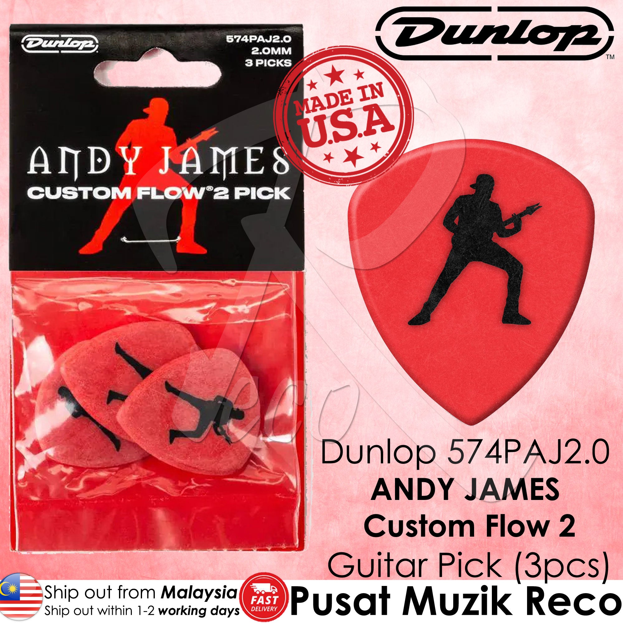 Packaging of Dunlop 574PAJ200 Andy James Custom Flow 2 Signature Guitar Picks. The package contains three red guitar picks with a silhouette of a guitarist on them, against a white background with a 'Made in USA' label.