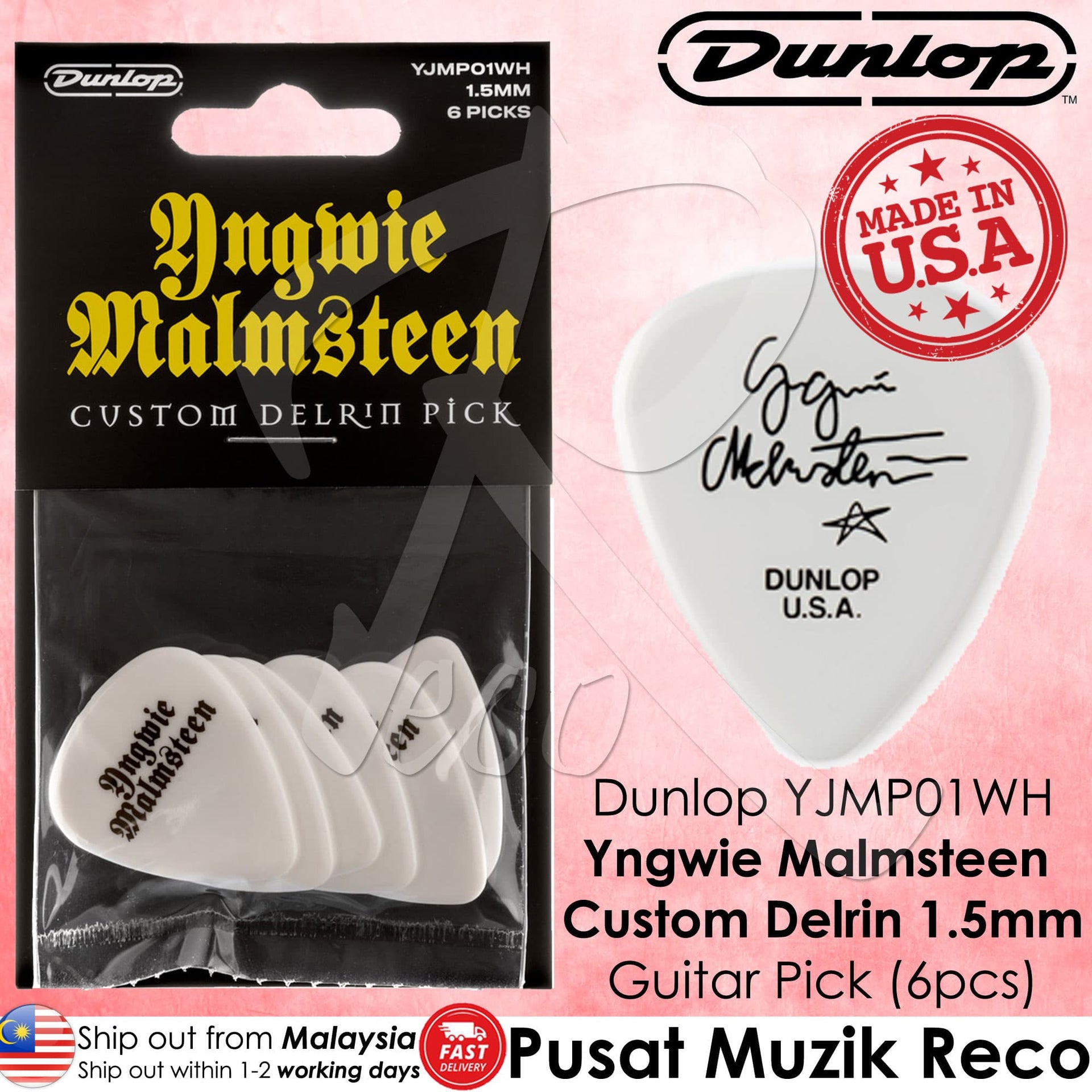 Plettri Dunlop Malmsteen Custom Delrin 1.5mm - Confezione Da 6 Pezzi, Per Chitarra, Design Personalizzato - Foto 1